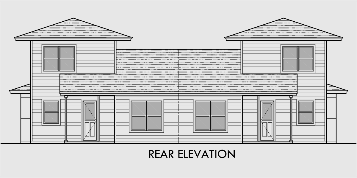 House side elevation view for D-624 Modern prairie style, duplex house plan, master bedroom on the main floor