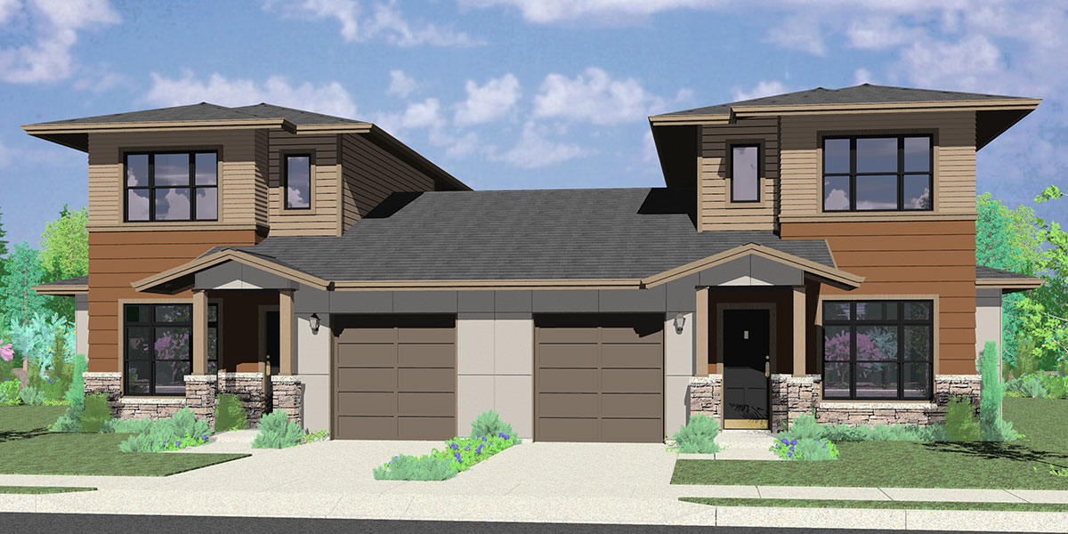 House rear elevation view for D-624 Modern prairie style, duplex house plan, master bedroom on the main floor