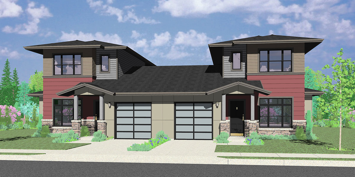 House front color elevation view for D-624 Modern prairie style, duplex house plan, master bedroom on the main floor