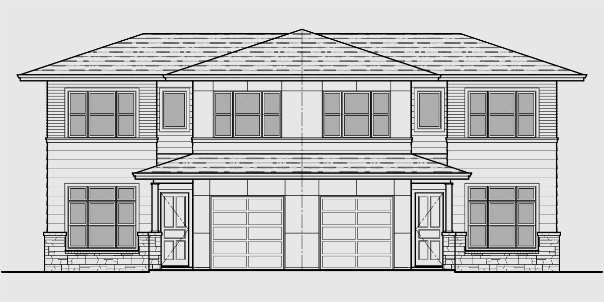 House front drawing elevation view for D-625 Modern prairie duplex house plan, 4 bedroom, master on the main floor
