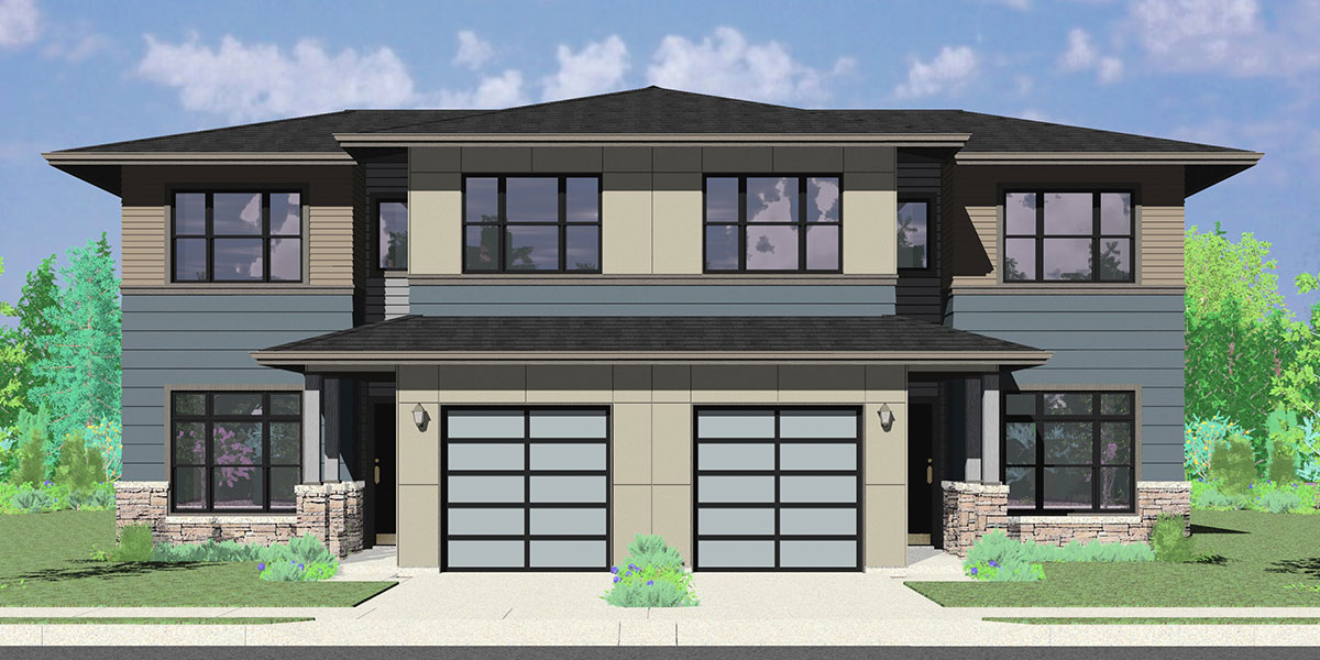 House front color elevation view for D-625 Modern prairie duplex house plan, 4 bedroom, master on the main floor