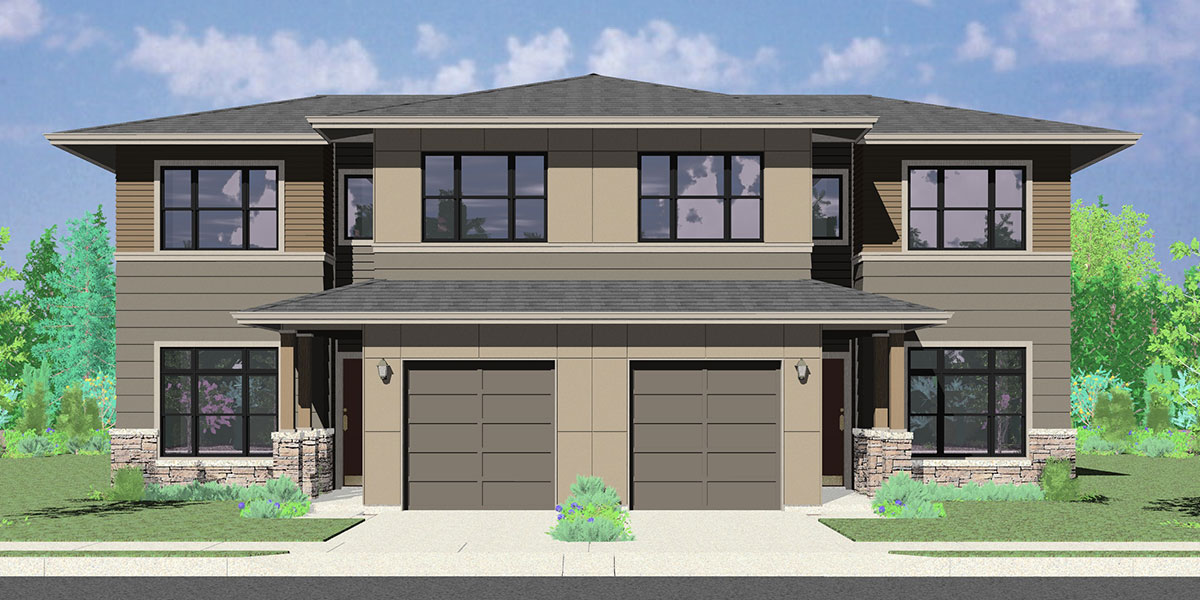House rear elevation view for D-625 Modern prairie duplex house plan, 4 bedroom, master on the main floor