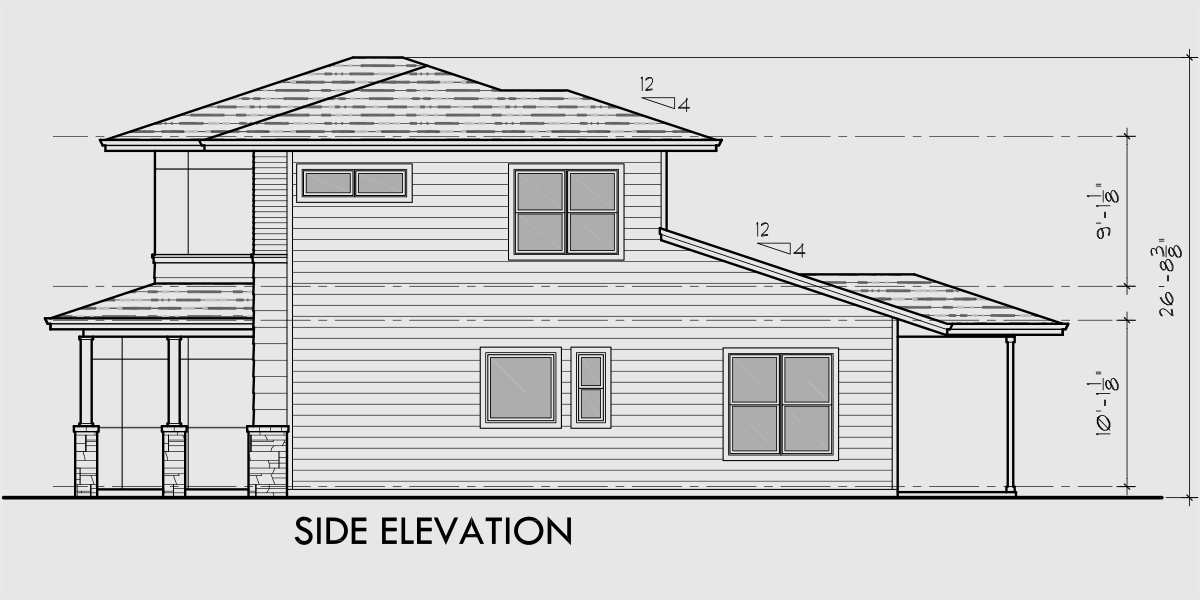 House side elevation view for D-625 Modern prairie duplex house plan, 4 bedroom, master on the main floor