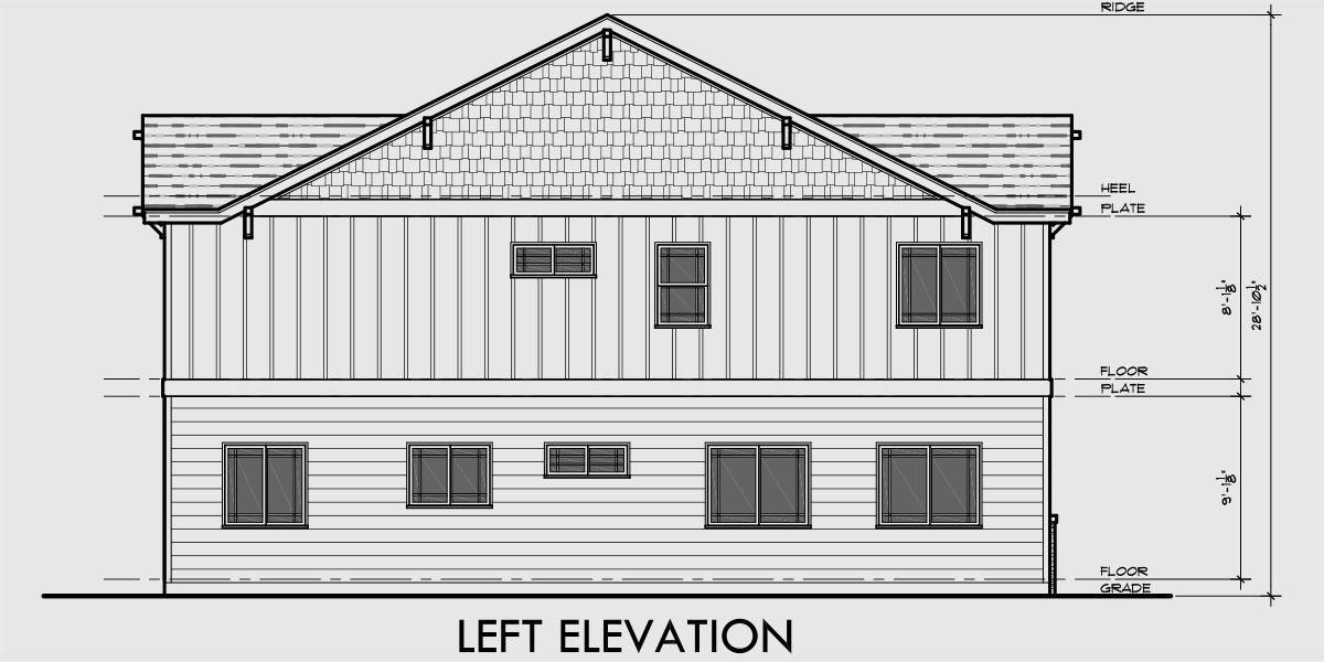 House side elevation view for FV-579 Townhouse plan with cabana room, gym, office FV-579