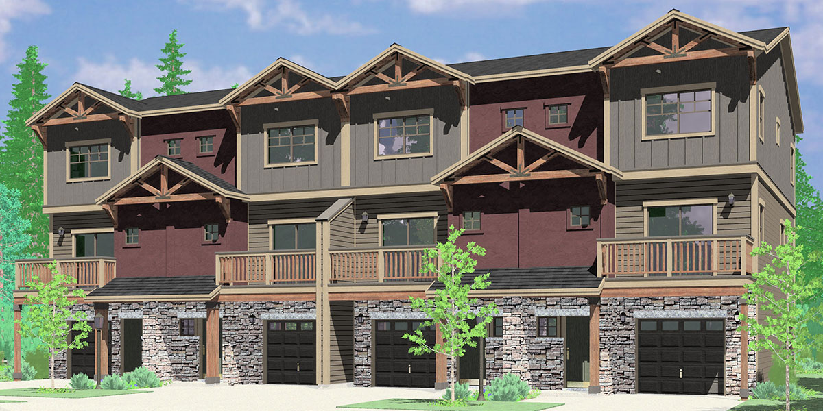 House front color elevation view for F-583 Four unit town house plan 4 bedroom master on main floor F-583