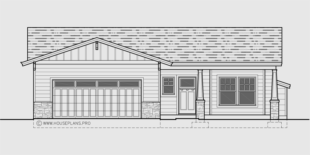House front drawing elevation view for 10201 Ranch house plan, with safe house storm room, 10201