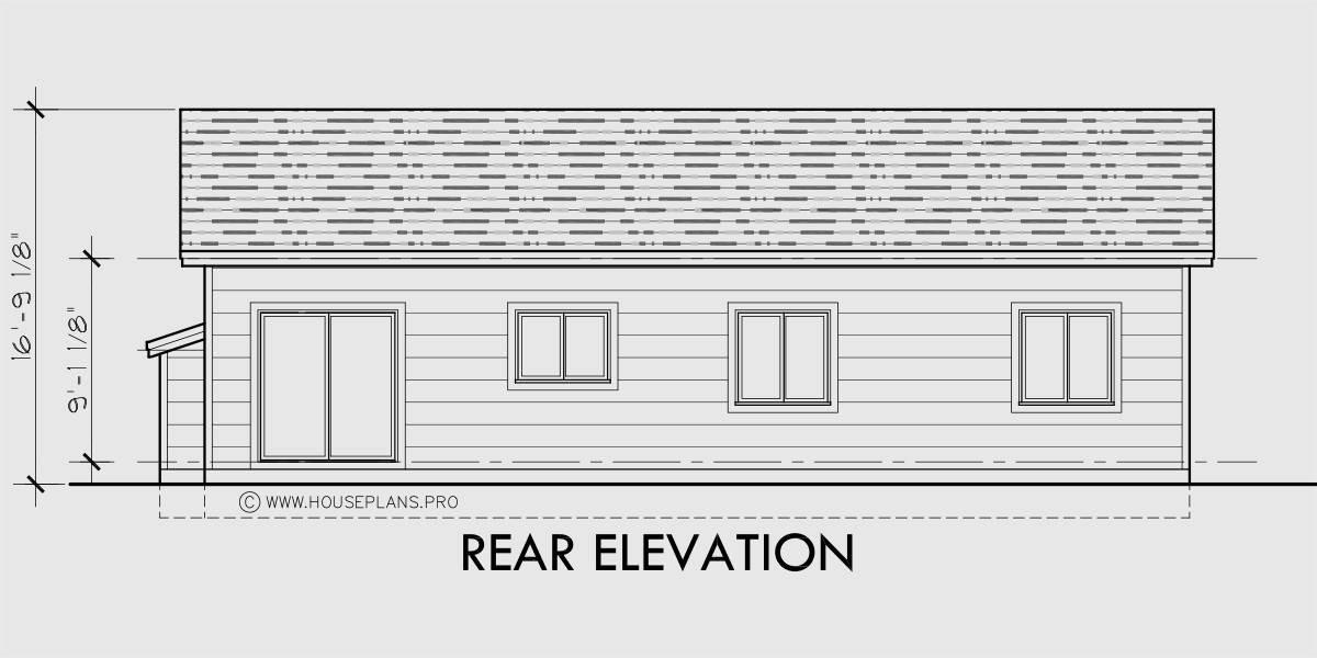 House side elevation view for 10201 Ranch house plan, with safe house storm room, 10201