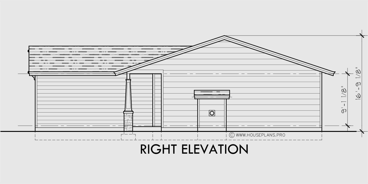 House rear elevation view for 10201 Ranch house plan, with safe house storm room, 10201