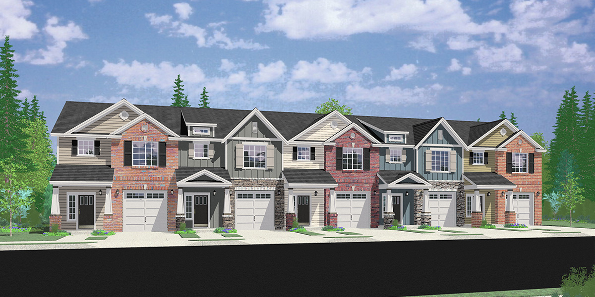 House front color elevation view for FV-605 Custom 5 Plex Townhouse Plan