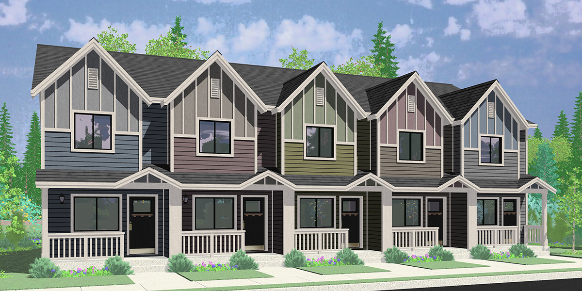 House front color elevation view for FV-594 Narrow 5 Plex Townhouse Plan