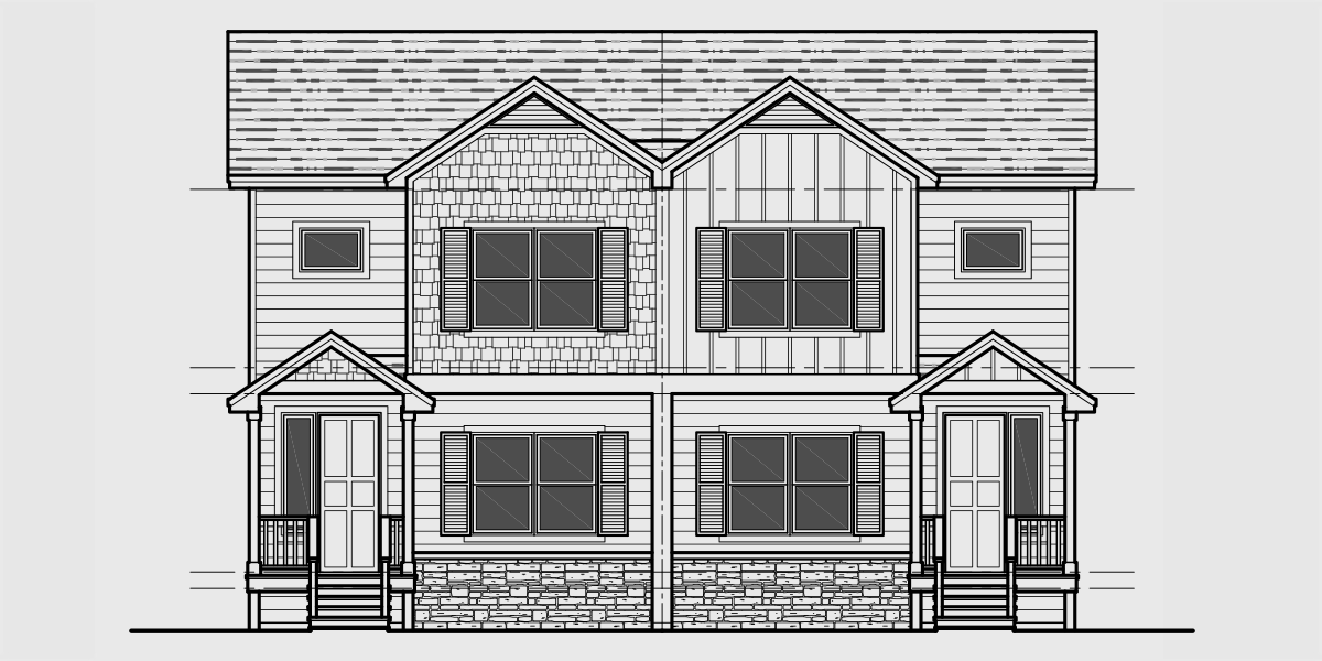 House front drawing elevation view for D-660 4 bedroom, main floor master bedroom, duplex house plan, D-660