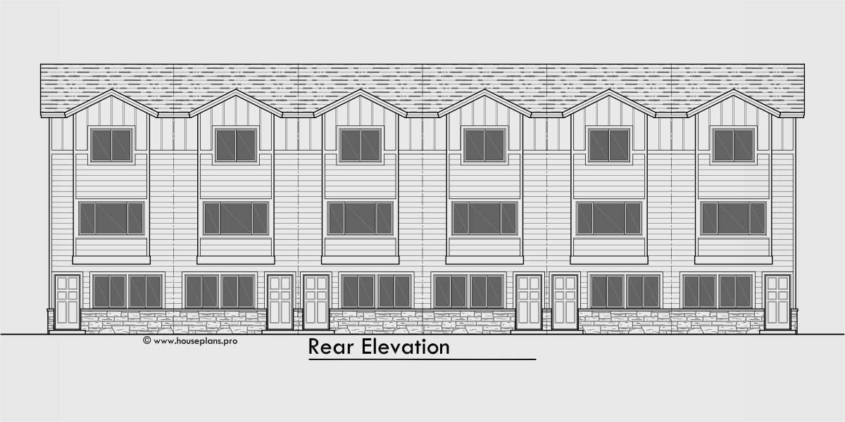 House rear elevation view for S-741 6 unit row house plans, townhouse plans, narrow lot plans, with office, S-741