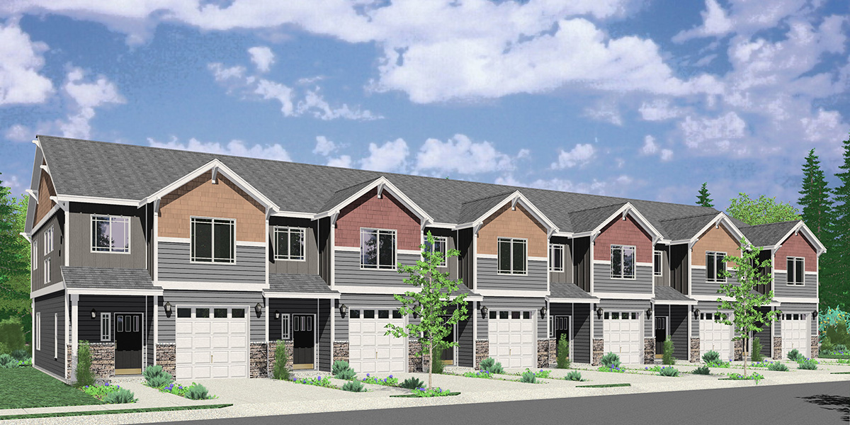 House front color elevation view for S-743 Craftsman town house plan, 3 bedroom 2.5 bath, with garage, S-743