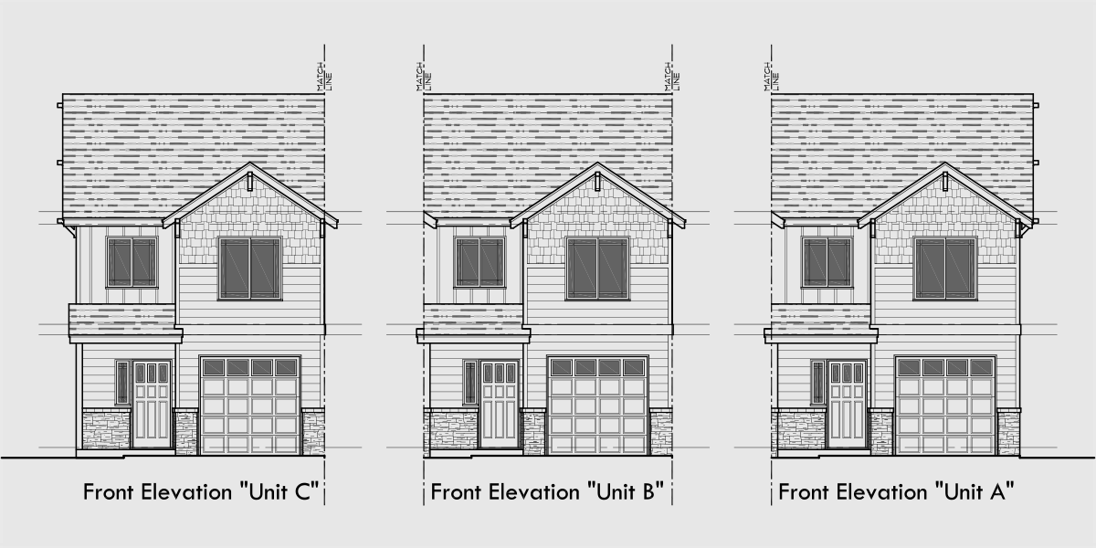 House front drawing elevation view for S-743 Craftsman town house plan, 3 bedroom 2.5 bath, with garage, S-743
