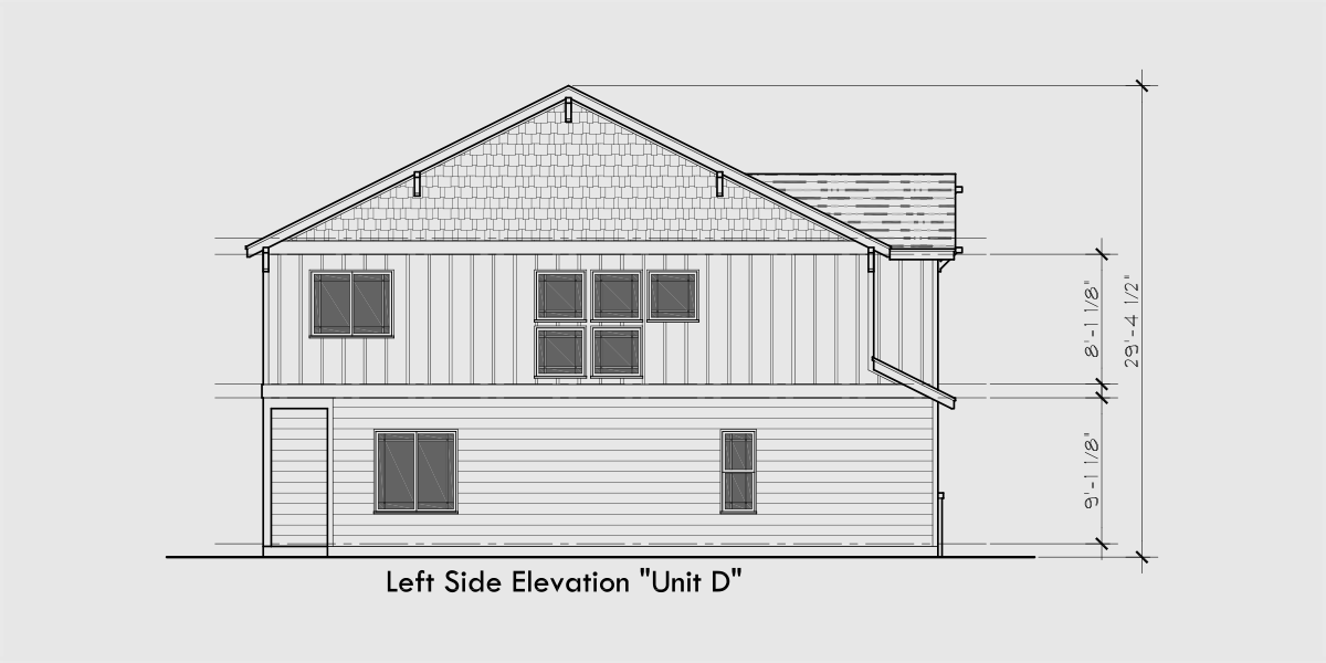 House rear elevation view for S-743 Craftsman town house plan, 3 bedroom 2.5 bath, with garage, S-743