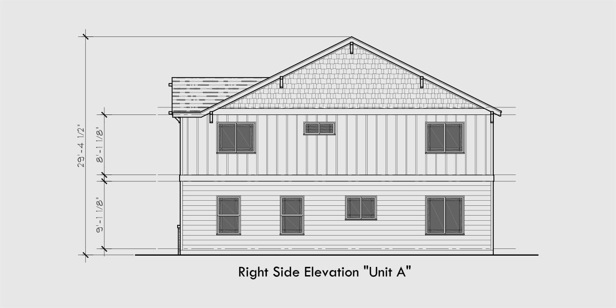 House rear elevation view for S-743 Craftsman town house plan, 3 bedroom 2.5 bath, with garage, S-743