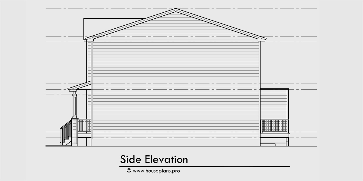House side elevation view for S-742 6 unit town house plan 3 bedroom, 2.5 bath with basement, and one car garage