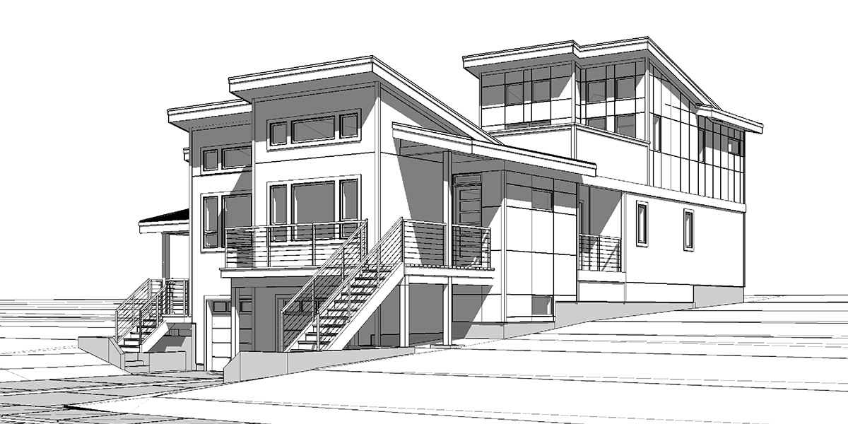 House front color elevation view for D-676 Modern Duplex house plan for great view lots
