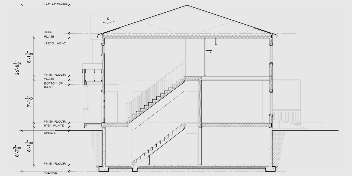 House side elevation view for D-723 Basement duplex house plan with two car garage D-723