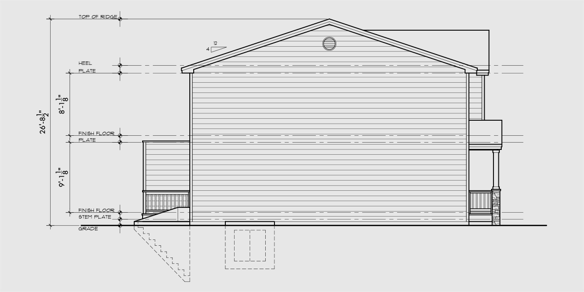 House rear elevation view for D-723 Basement duplex house plan with two car garage D-723