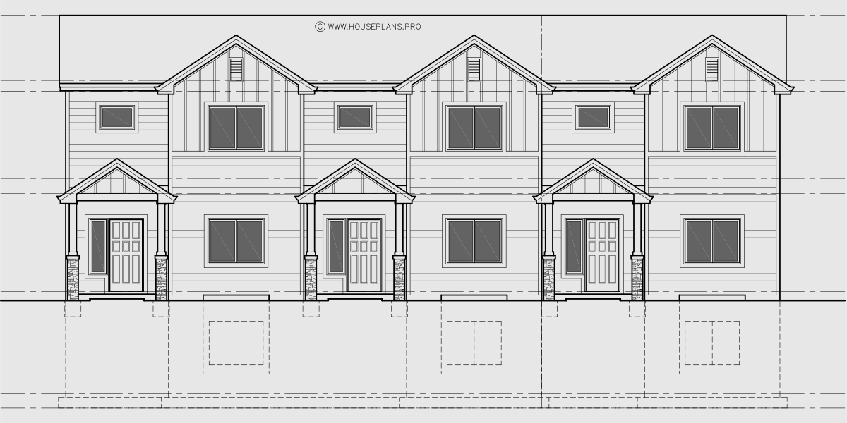 House front drawing elevation view for T-446 Town house plan, main floor master, basement, 4 bedroom, T-446