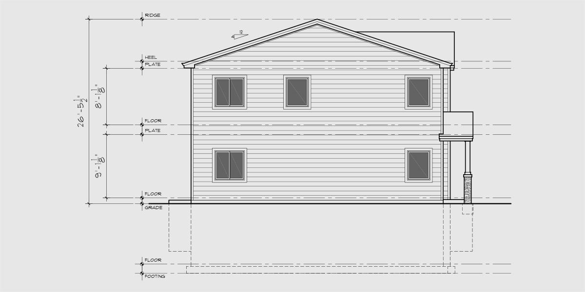 House rear elevation view for T-446 Town house plan, main floor master, basement, 4 bedroom, T-446