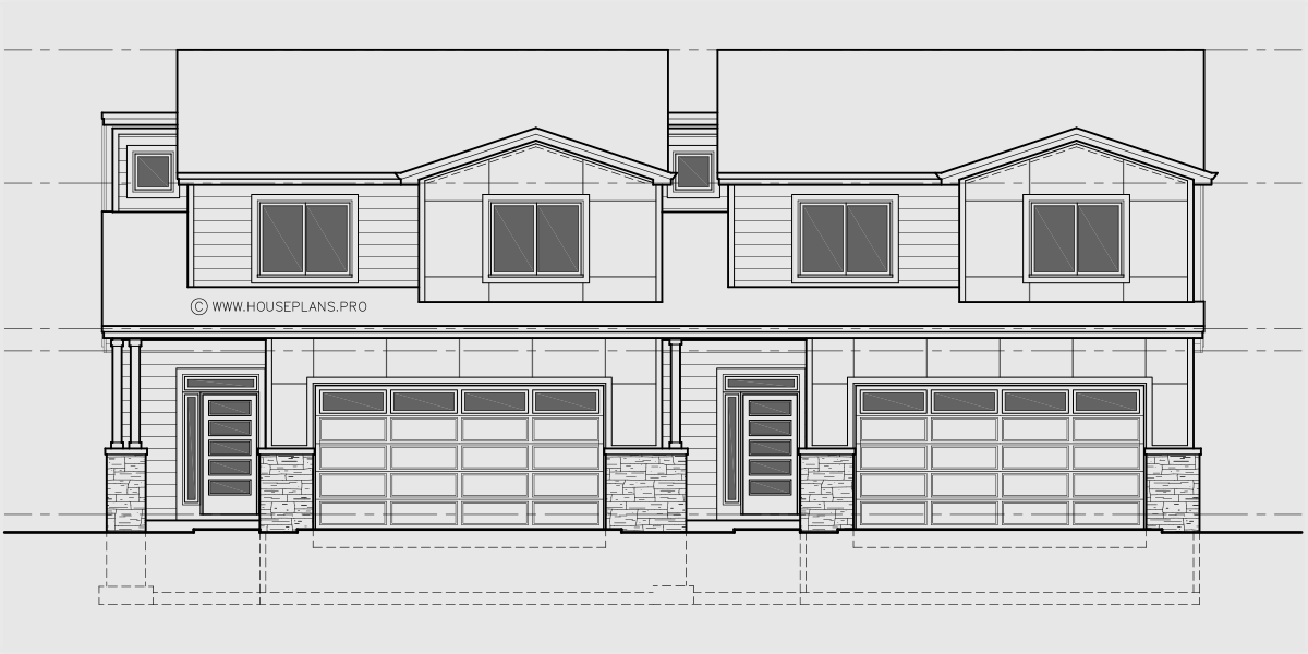 House rear elevation view for D-737 Luxury town house plan master bedroom on the main floor oversized garage D-737