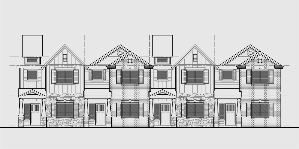 House front color elevation view for F-663 4 bedroom town house plan F-663