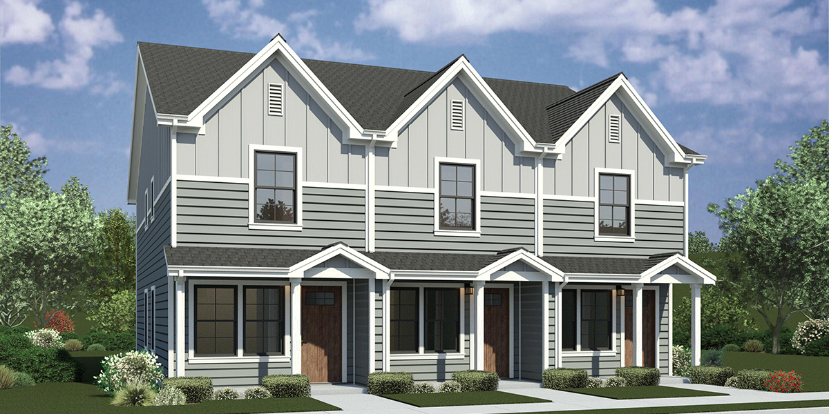 House front color elevation view for T-452 Narrow town house with TWO master bedrooms 2.5 baths