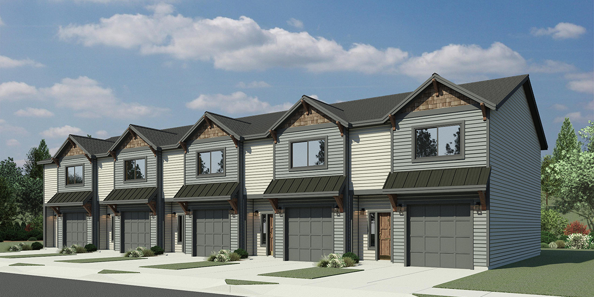 House front color elevation view for FV-665 Experience the elegance and functionality of our 19 ft wide narrow townhouse plans. With 2 master bedrooms and a garage, your dream home awaits. Act now!