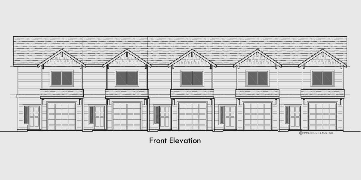 House front drawing elevation view for FV-665 Experience the elegance and functionality of our 19 ft wide narrow townhouse plans. With 2 master bedrooms and a garage, your dream home awaits. Act now!