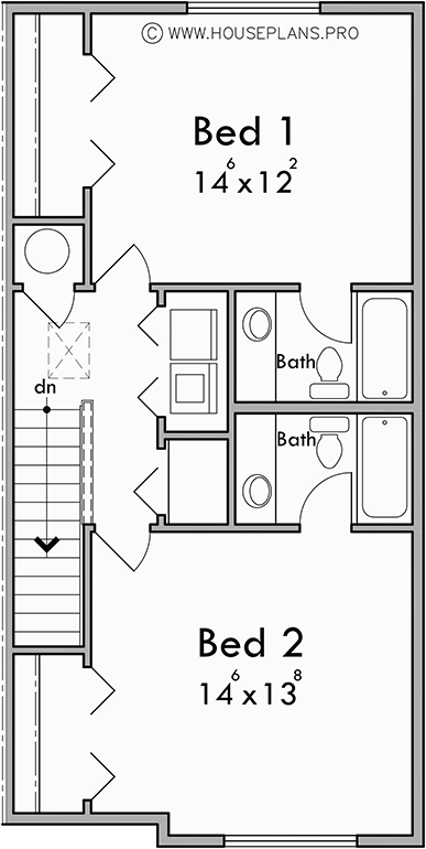 Upper Floor Plan for FV-665 Experience the elegance and functionality of our 19 ft wide narrow townhouse plans. With 2 master bedrooms and a garage, your dream home awaits. Act now!